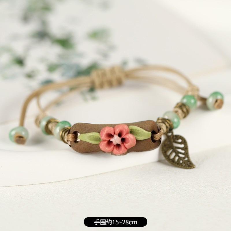 Retro Ceramic Flower Woven Bracelet Niche Literary Hand Rope Small Fresh Bell Bracelet Female