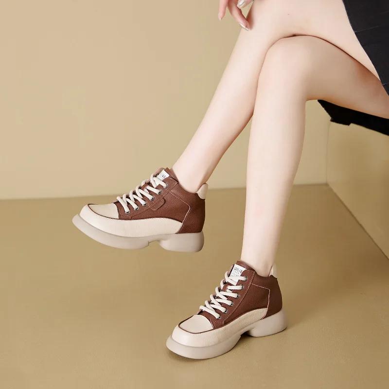 Женские ботинки из натуральной кожи, осенняя женская обувь с высоким берцем, износостойкая повседневная обувь 2024 года, новая модная универсальная женская обувь для активного отдыха