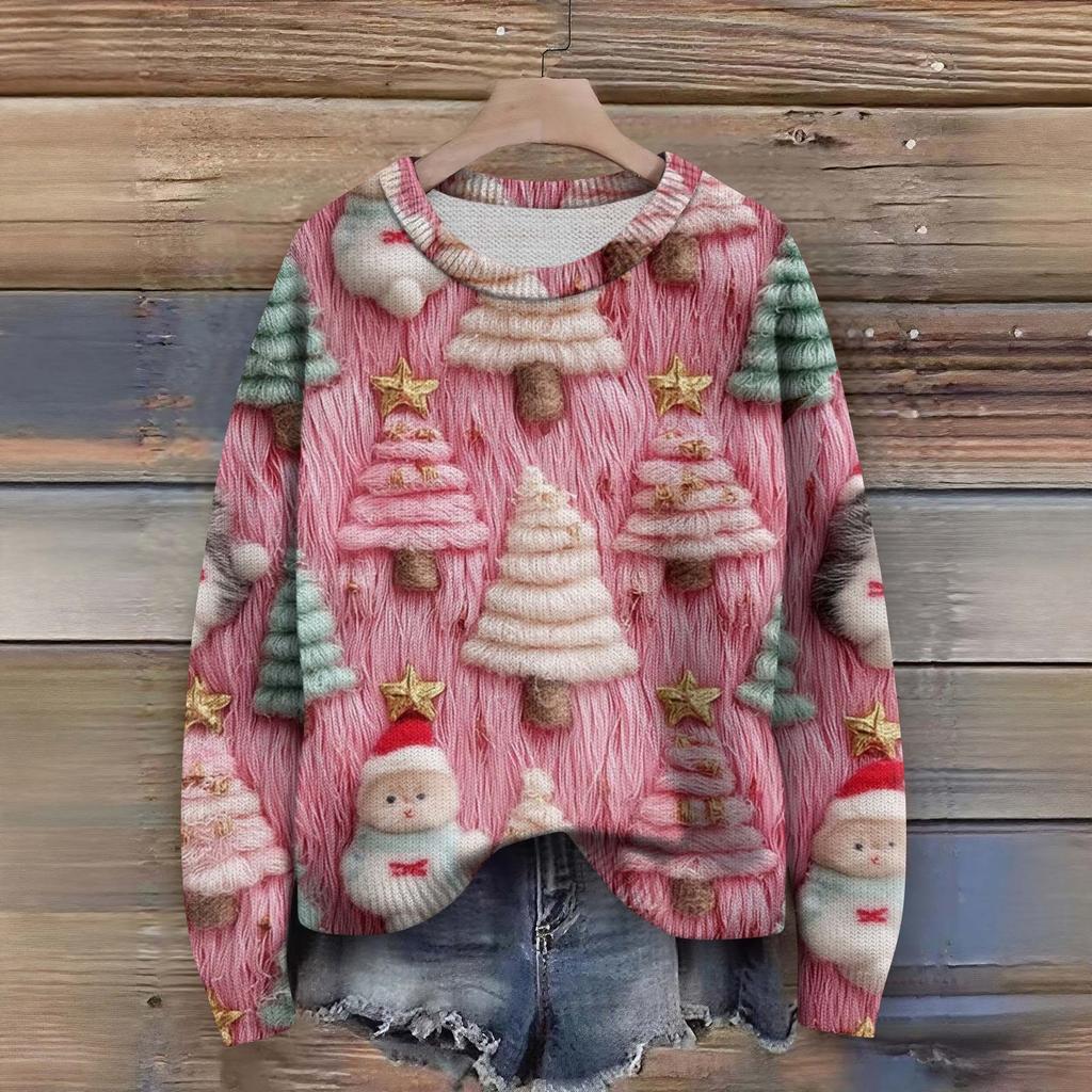 Long Sleeve Pullover Sweaters For Women O Neck Casual Cute Printing Knit Oversized Sweater