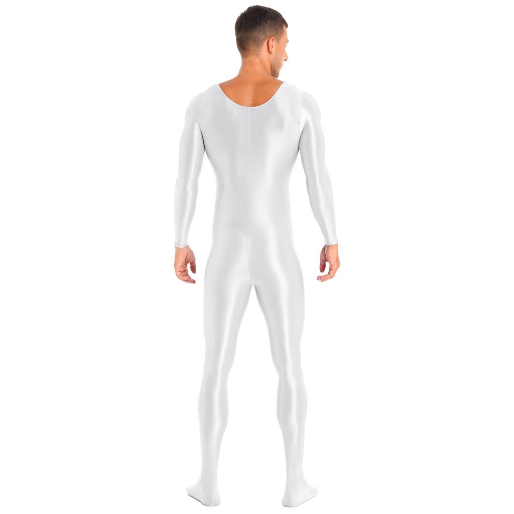 Mens Smooth Solid Color Long Sleeve Round Neck Bodystocking Nightwear Bodysuit
