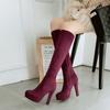 Fashion XJRHXJR Fashion Suede Leather Knee High Long Boots Female High Heels Round Toe Boots Women Thick Platform Slim Boots Wine Black