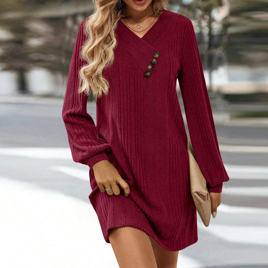 Женское осенне-зимнее вязаное платье-туника, повседневное платье с длинным рукавом, V-образным вырезом и пуговицами, свободного кроя, с карманом