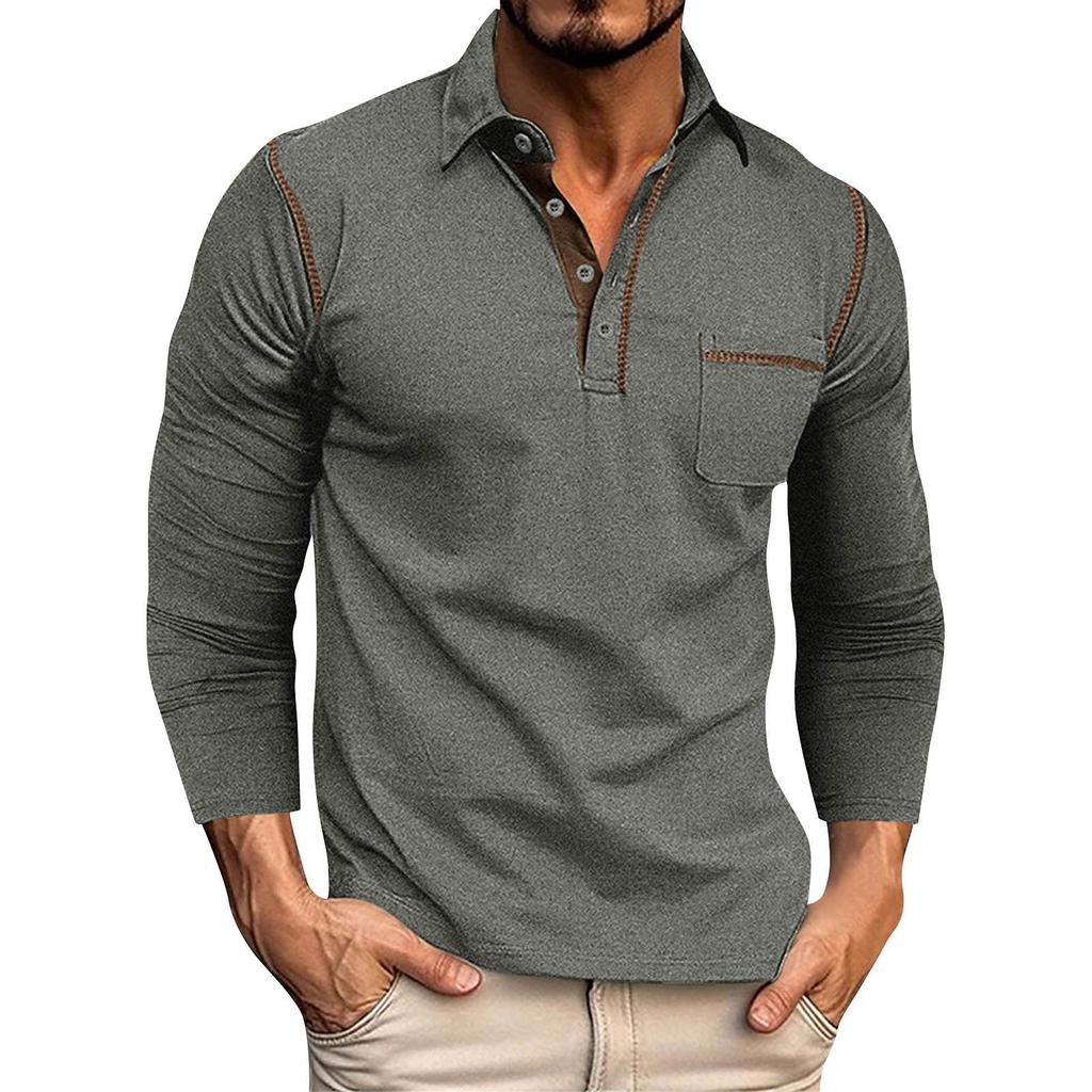 Men's Spring And Autumn Solid Color T-shirt Lapel 3 Button Open Placket Button Long Sleeved Top