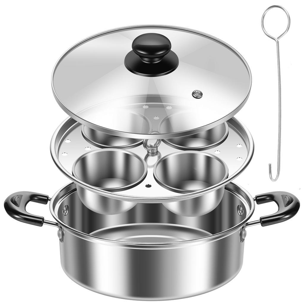Stainless Steel Egg Poacher Versatile Steamed Stew Pots Egg Boiled Pot with 4 Cup and Glass Lids for Cooking Kitchen Accessories