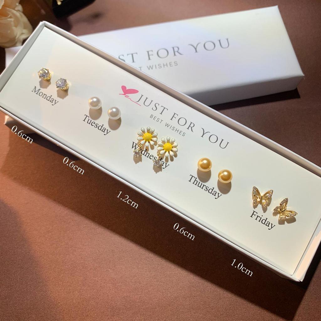 Набор серег-пуссетов в форме сердца с цирконом, цветком и жемчугом для женщин