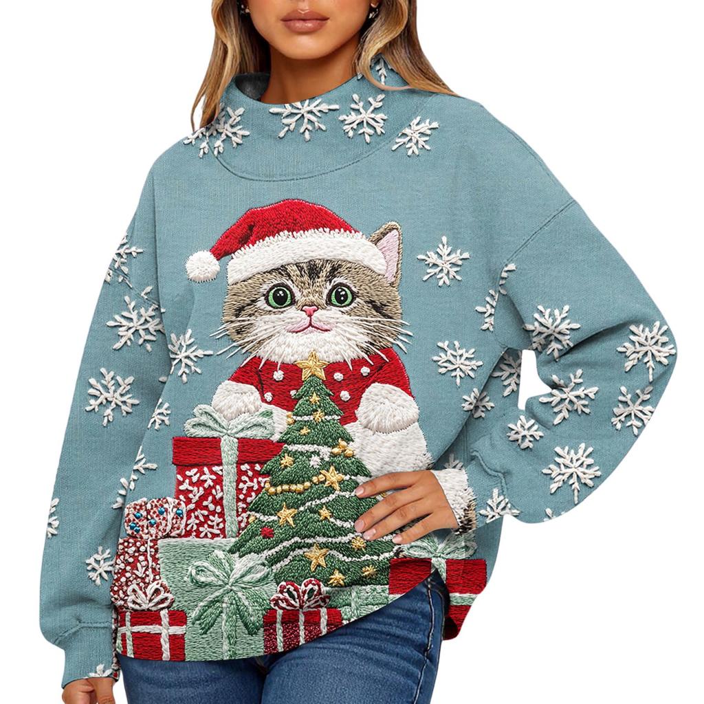 Ladies' Fashionable Christmas Printed Long Sleeved High Neck Sweatshirt Top