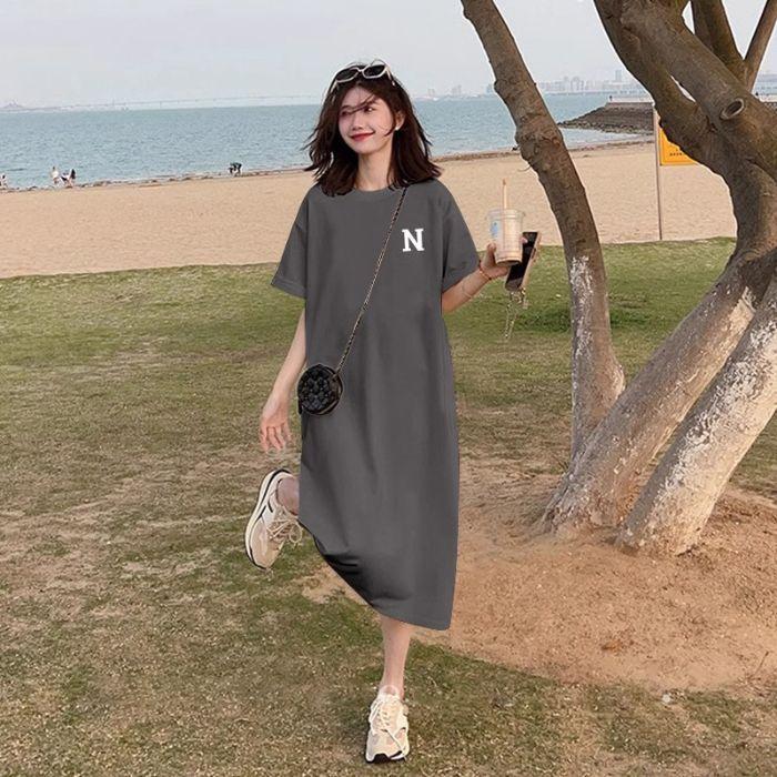 Short-sleeved T-shirt women's split-ended fat MM large size loose ins new summer hip-wrapped knee-thin dress top trendy