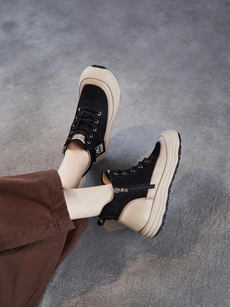 Johnature Ботильоны из натуральной кожи на толстой подошве в стиле ретро с боковой молнией, повседневные женские туфли на плоской платформе со шнуровкой