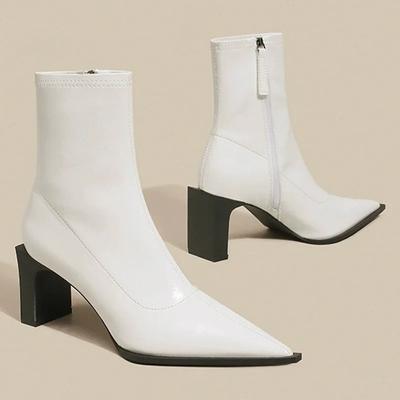 Модная женская обувь 2024 года, новые женские ботинки с боковой молнией, зимние, с острым носком, теплые, однотонные, с коротким бочонком, на толстом каблуке, модные ботинки Botas De Mujer