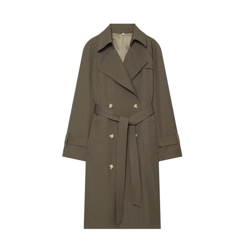 2025 Fall Womens Long Trench Coat Notched Lapel Double Breasted Belted Slim Waist British Style Solid Color Casual