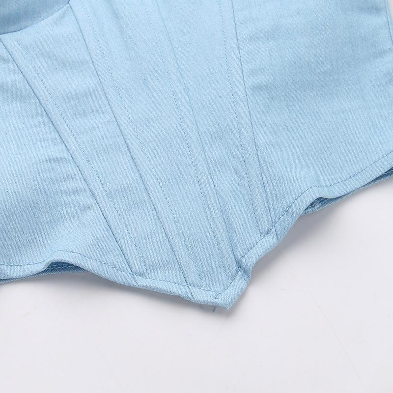 Женский модный топ с чашками из искусственного денима, топ Spice Girl с поясом на талии, топ с бюстом