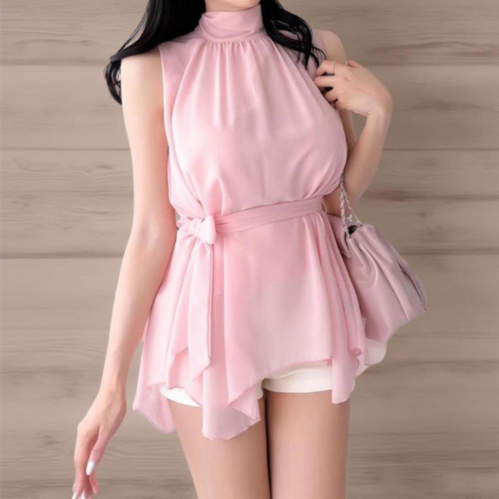 New Arrivals Open Run Women Chiffon Halterneck Top With Tie Waist Strap