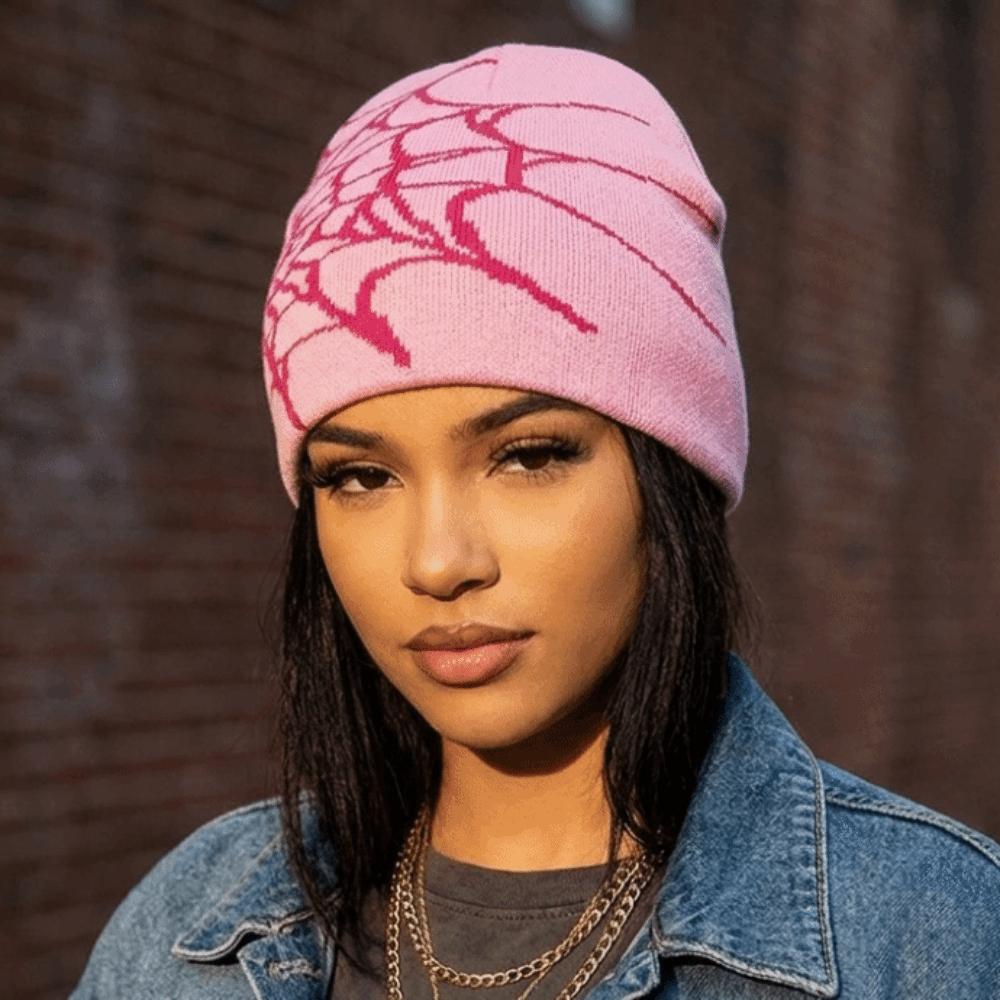 Warm Pullover Hat Soft Cuffed Knitted Hat Y2K Spider Web Pattern Beanie Caps Outdoor