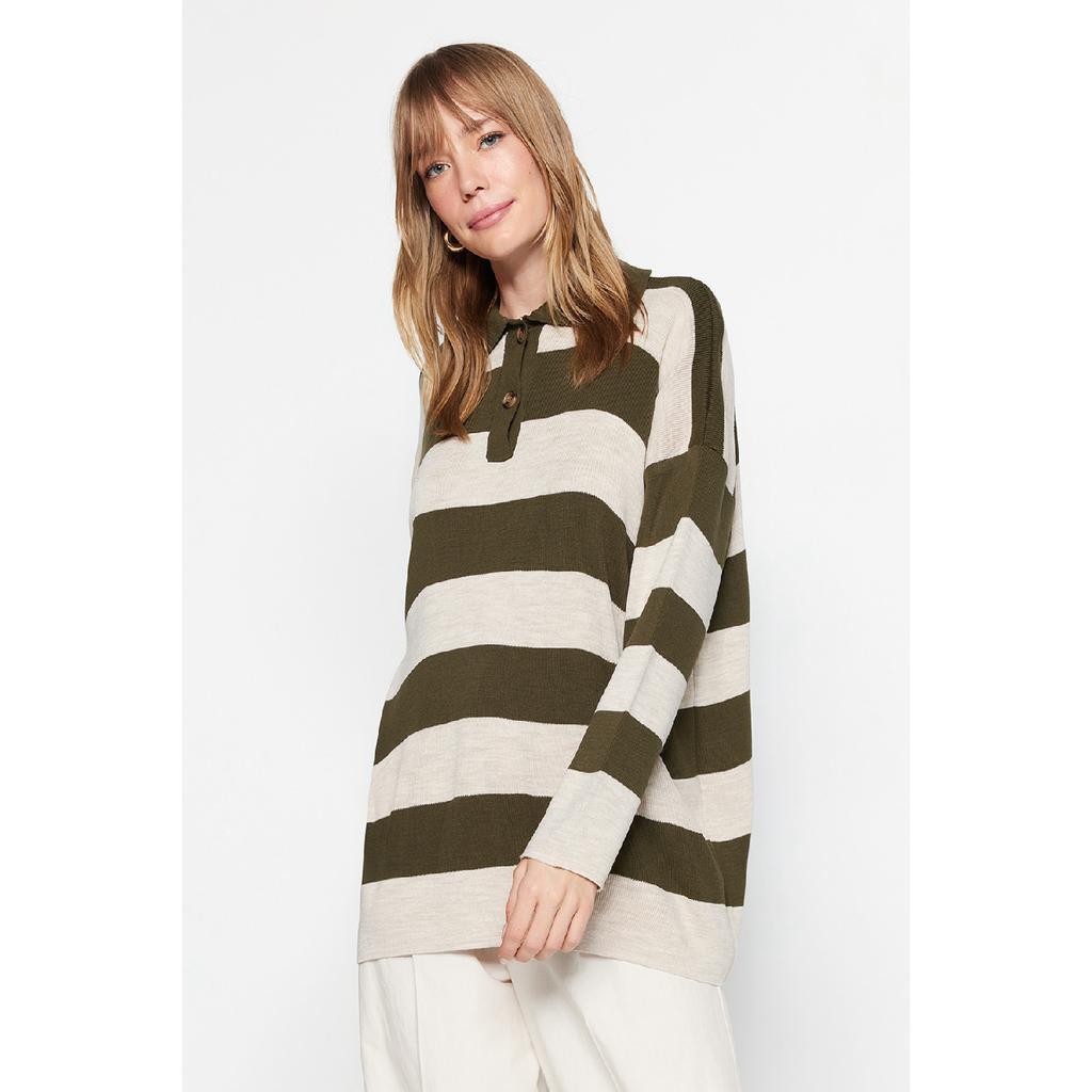 Черный полосатый трикотаж с воротником-поло Tctaw23kz00039