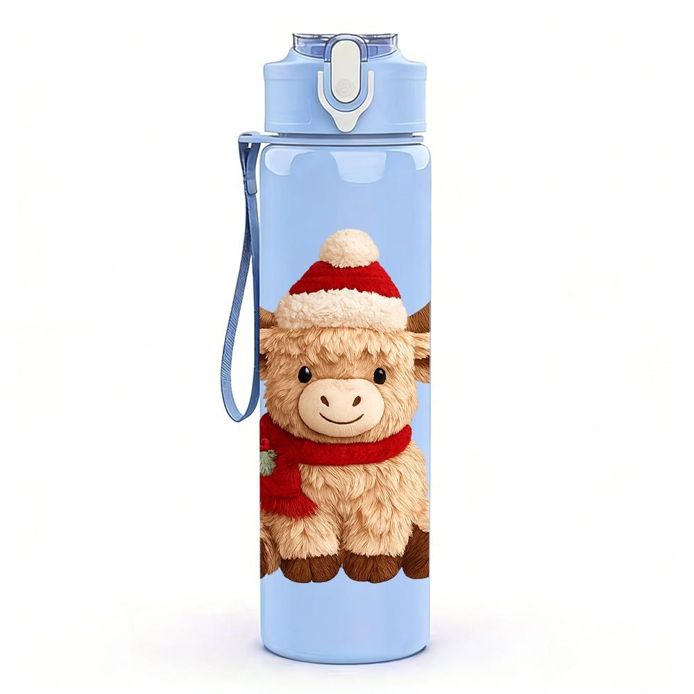 1PC Santa Hat Highland Cow 750ml Color Plastic Sports Water Bottle Leakproof Flip Straw Lid Suitable for Sports Office Home Use