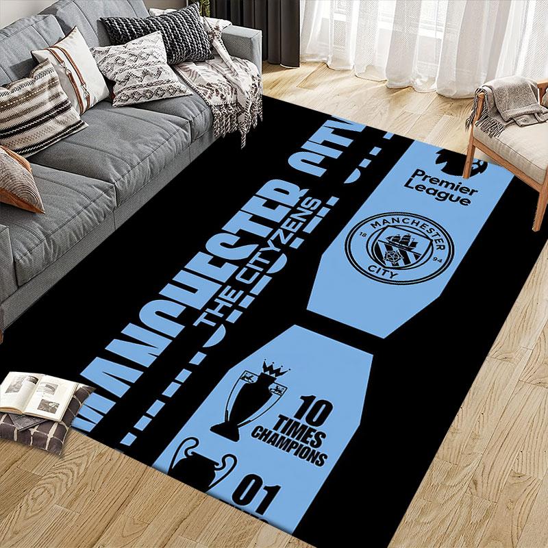 Manchester City Flannel Printed Carpet, Home Sofa Decoration for Living Room & Bedroom, Non‑Slip Play Flannel Floor Mat for Game Room