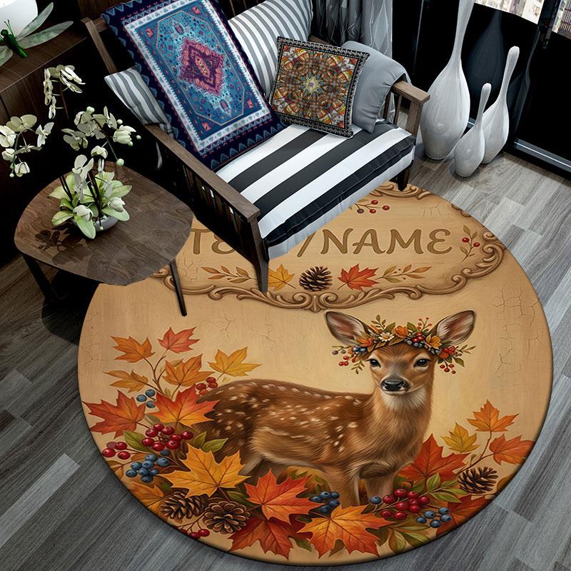 Custom Name,Autumn Woodland Animal Series pattern round rug,Carpet Rug for Living Room Bedroom Playroom ,Non-slip Floor Mat,Holiday Gifts and Birthday