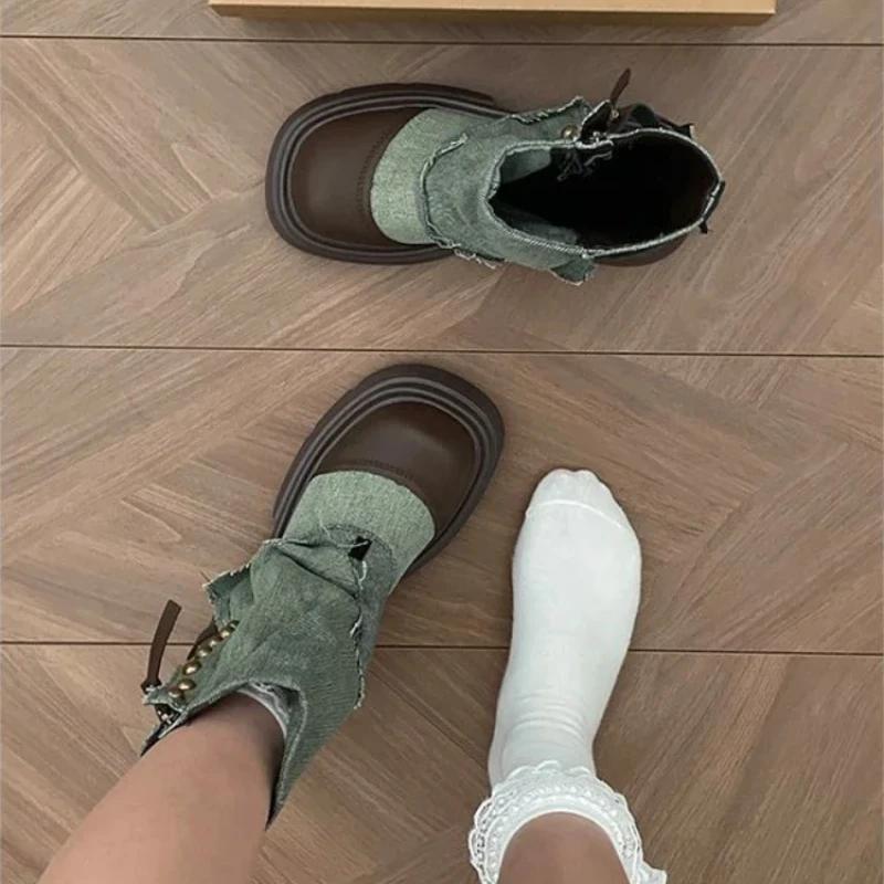 Модные ковбойские полусапоги для женщин с круглым носком, на каблуке, из денима, элегантные, до середины икры, для работы, из ПУ, весна 2024, гяру, Y2k