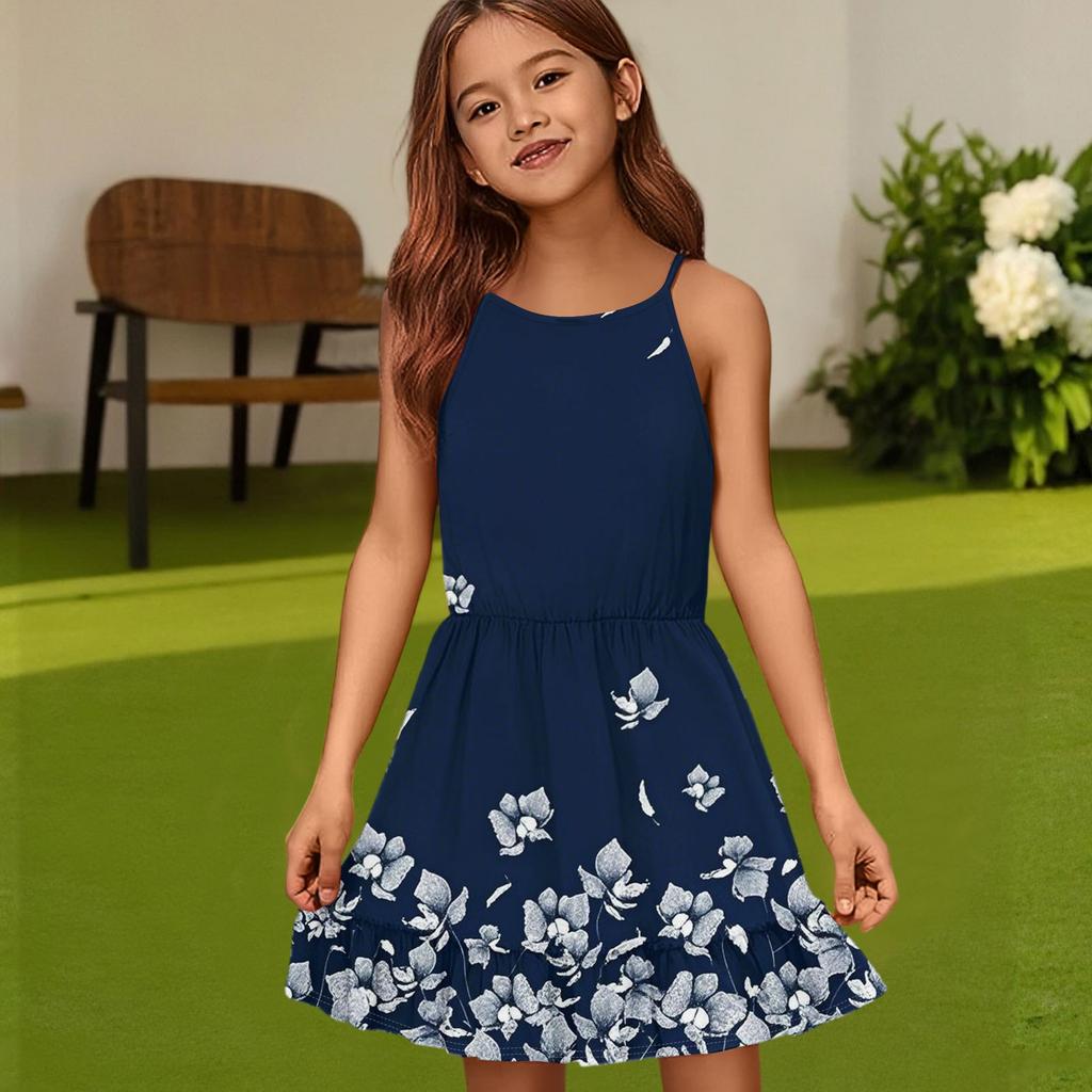 Детское летнее повседневное модное платье с круглым вырезом, однотонное, без рукавов