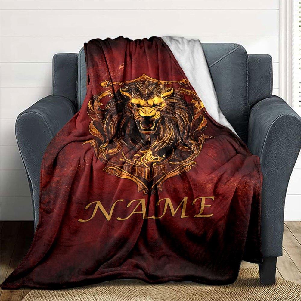 Lion Emblem With Ornate Design On A Red Background Cozy Personalized Blanket Customize Text Warmthful Decor Suitable For Sofa Couch Office Bed Picnics