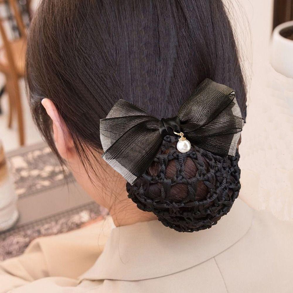Spring Clip Mesh Bow Bun Net Hotel Attendant Hair Clip Bowknot Hairgrips Net Cover Ladies/Girls