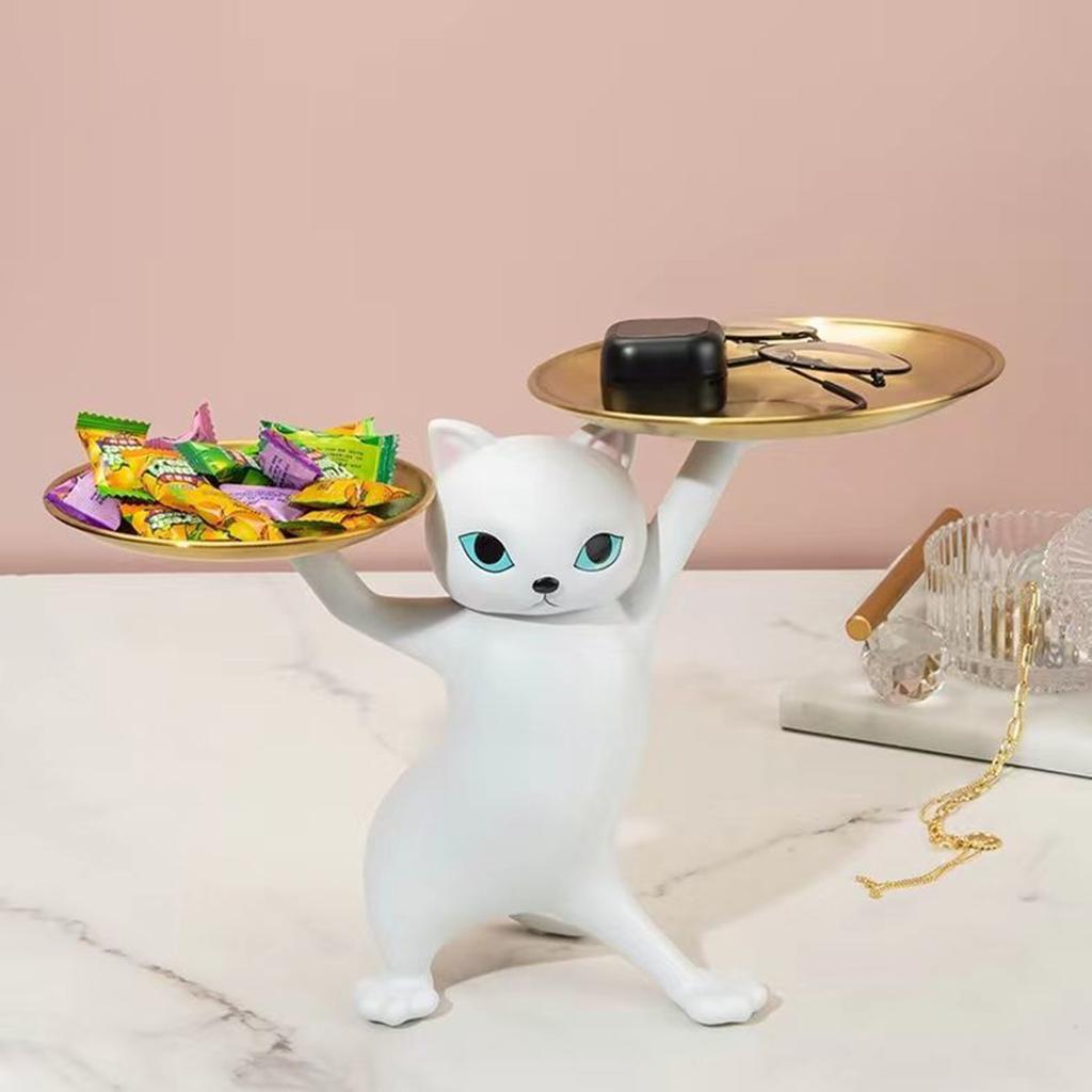 Resin Enchanting Cat Sculpture Organiser Art Crafts Kitten Jewelry Tray Statues Ornament Holiday Gifts for Living Room Office