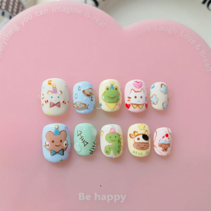 Reusable Press-On Nails Short Square Style Hand-Painted Cute Cat Eye Design Women Girls Instagram Trendy Nail Art