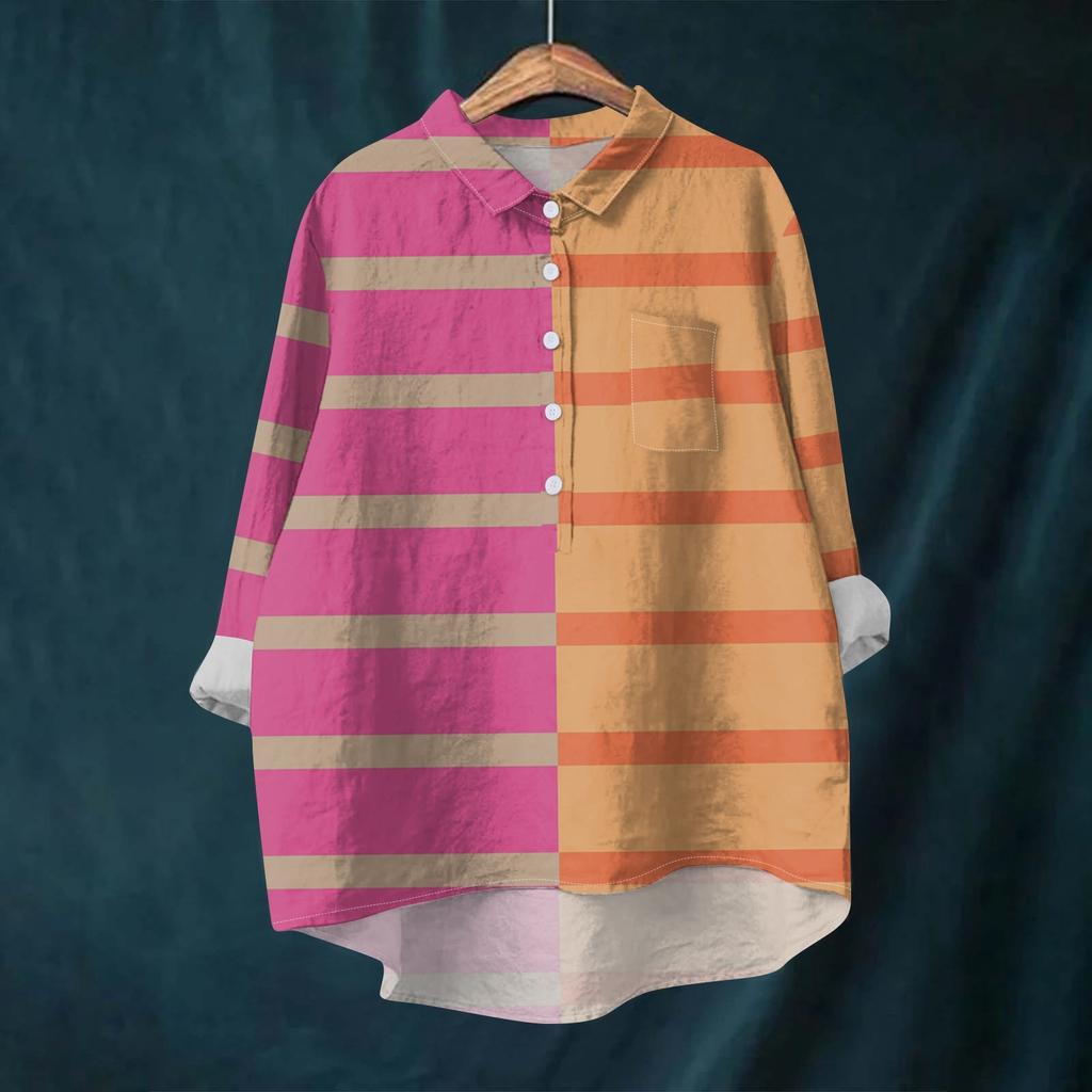 Women's Shirt Blouse Long-sleeved With Buttons Print Casual Hem Irregular Shirt Collar Top