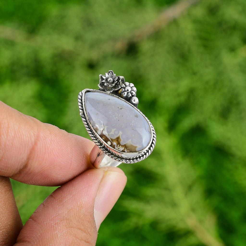 Sterling Silver Pear Ocean Jasper Gemstone Flower Stackable Bezel Ring Jewelry