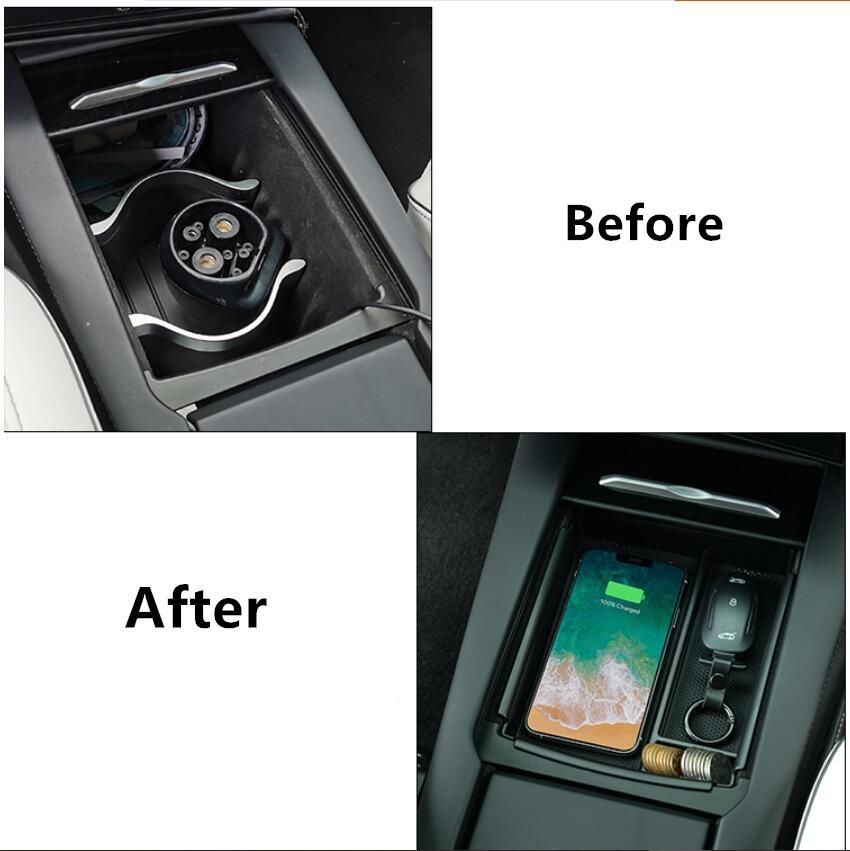 Для Tesla Model XS 2016 ~ 2019 аксессуары, подлокотник для центральной консоли, органайзер, беспроводное зарядное устройство для телефона, лоток для хранения, подставка