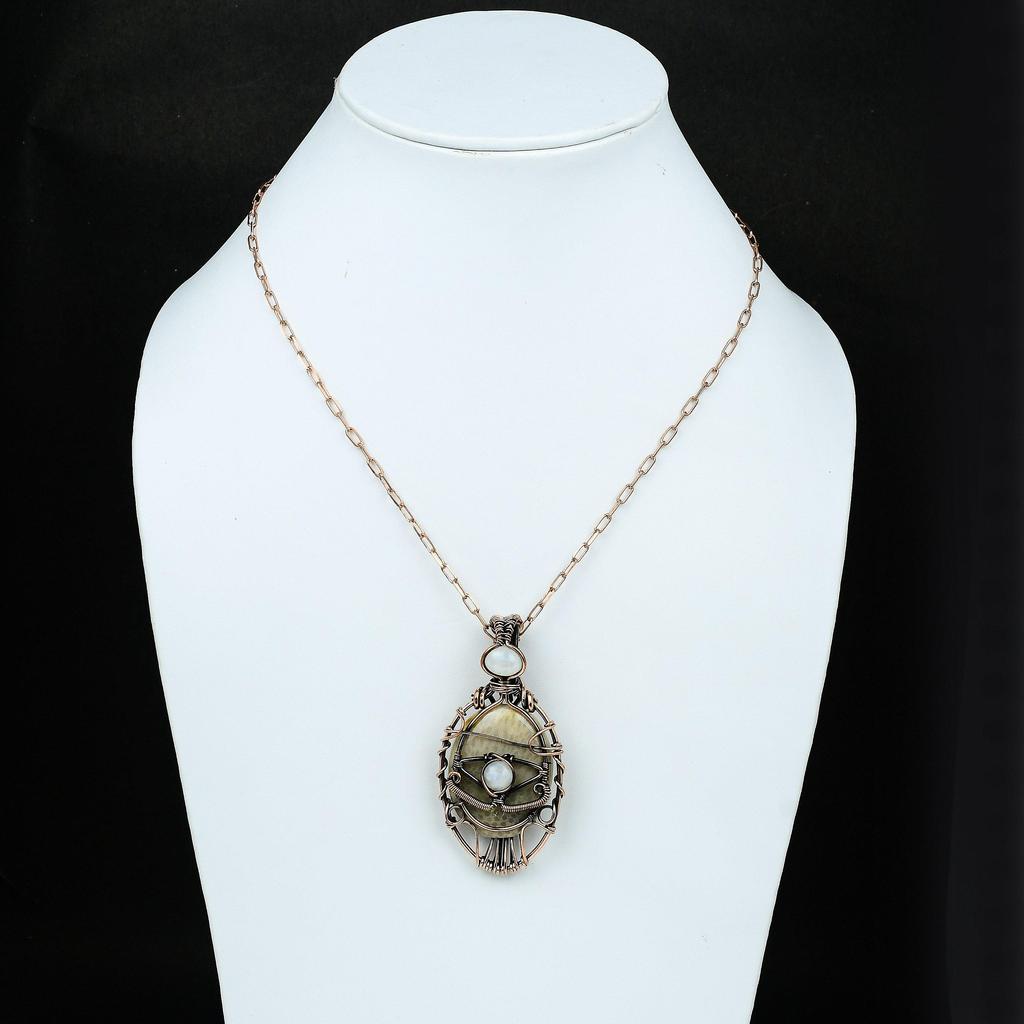 Подвеска из коралла с окаменелостью от сглаза, медная обертка, кулон ручной работы из радужного лунного камня, ювелирные изделия от сглаза, обернутые проволокой, подарок для нее