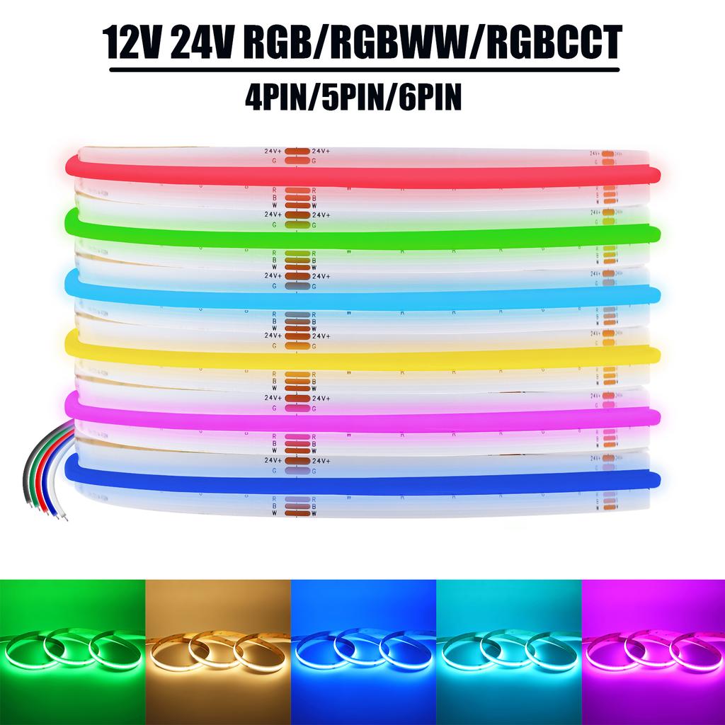Светодиодная лента COB 12В 24В Высокой плотности Без точек RGB RGBW RGBCCT Сменная Гибкая лента для домашнего декора