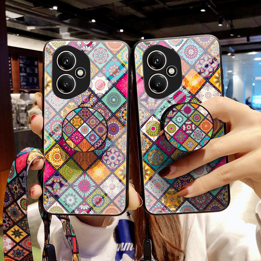 Для Honor 400 5G (Глобальный) Чехол-подставка с этническим узором, чехол для телефона из закаленного стекла со шнурком