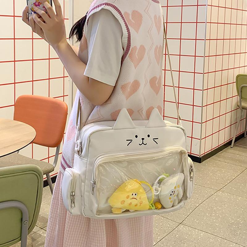 Симпатичная прозрачная сумка через плечо с изображением кота, вместительная студенческая сумка через плечо, сумка из аниме-холща