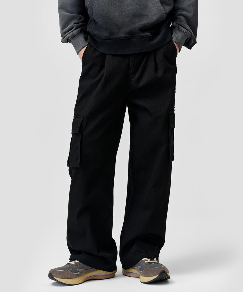 AGOD Wide Big Pocket Cotton Cargo Elastic String Pants [Black]