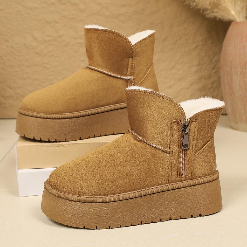 Зимние женские модные ботинки на толстой подошве с мехом, украшенные боковой молнией, 2025