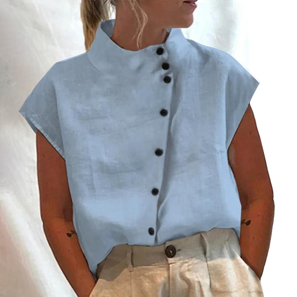 Women's Casual Solid Color Cotton Linen Standing Collar Button Short Sleeved Shirt