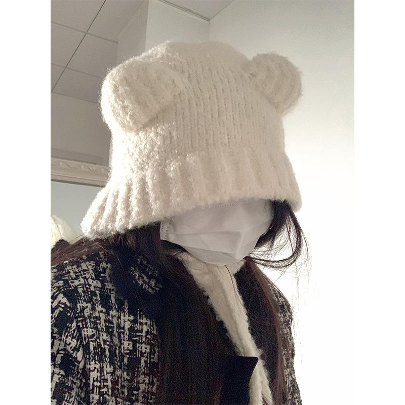 Милая шапка-медведь женская осень и зима 2024 года универсальная взрывная шерстяная шапка серая защитная шапка теплая вязаная шапка