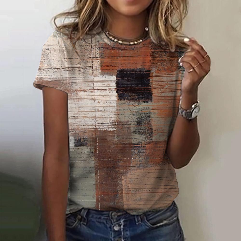 Summer Women's T-shirt, Checkered Printed Casual Round Neck Shirt, Fashionable Street T-shirt