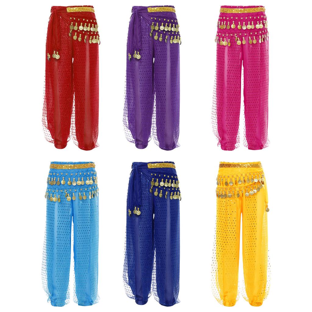 Girls Elegant Belly Dance Pants Sequin Embellished Chiffon Fabric Elastic Waist Beaded Tassels Performance Wear