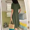 Fashion V Neck Short Sleeve Summer Women Shirt Dress Solid Color Loose Elegant High Waist Casual A-line Dresses Female Simple Office Pockets Clothing