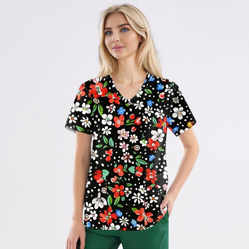 Рабочая форма больших размеров с принтом, топы для женщин, забавные футболки с v-образным вырезом и короткими рукавами, рабочая одежда, футболка с карманами