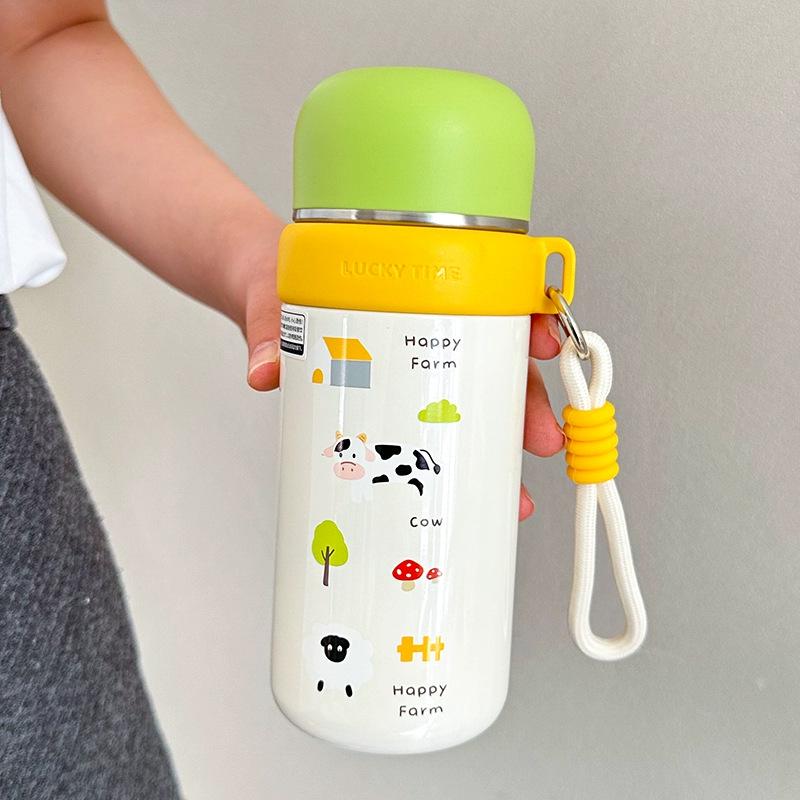 Dual-Use Cartoon Thermos Cup with Cute Rope - Stainless Steel Portable Water Bottle for Girls