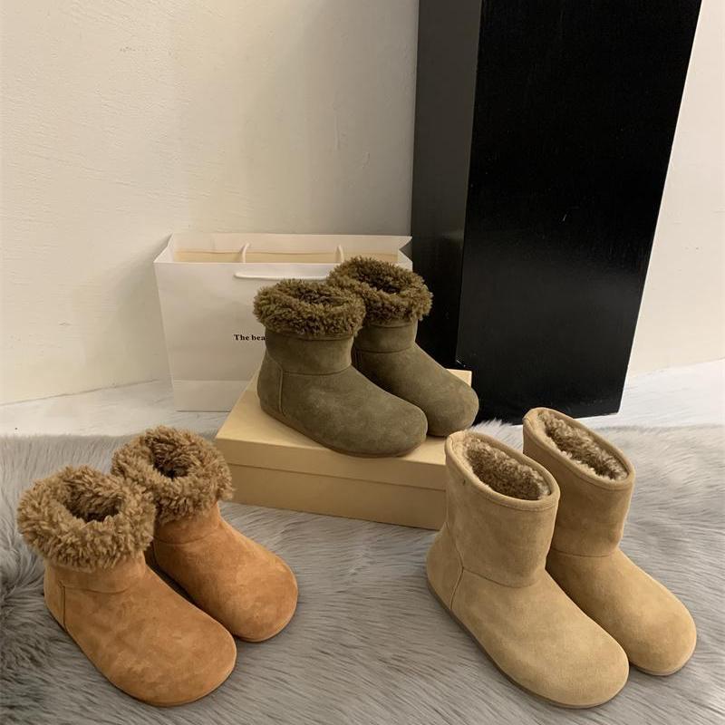 Cowhide version~ big head ugly cute velvet snow boots flat-bottomed fluffy boots women's Birkenstocks thermal cotton shoes retro short boots