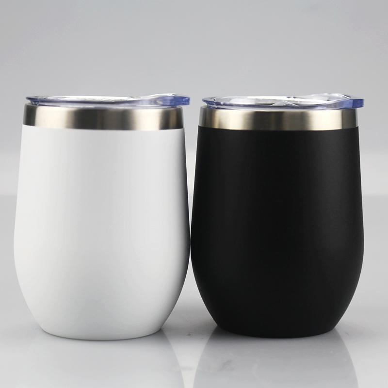 Custom Logo 12 oz Stainless Steel 18/8 Tumbler Black Iced Coffee Mug Insulated Double Wall Vacuum Wine Glass Egg Lid Bottle Cups