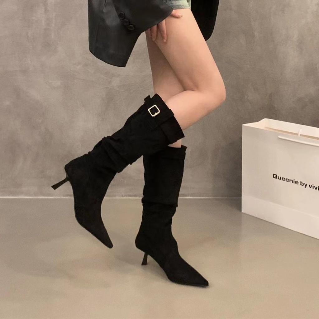 2024 New Retro Belt Buckle Decoration Women's Fashion Pointed Suede Autumn Winter Women's Long Fashion Boots Brown Long Boots