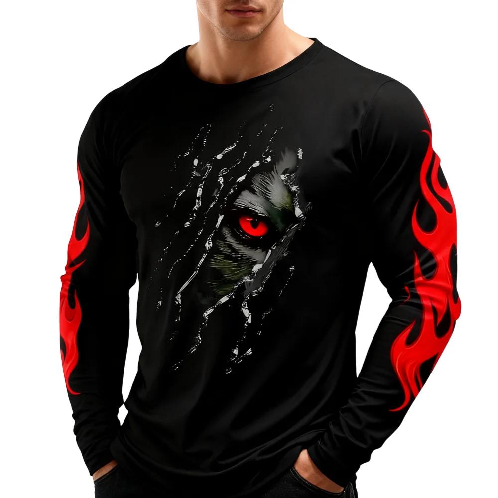 Trendy Graphic Long Sleeve T-Shirt, Wolf Eye Flame Print, Edgy Streetwear Top