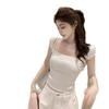 Pure Desire Style Square-Neck Short-Sleeve Knit T-Shirt for Women, Summer Lace Patchwork White Slim-Fit Inner Wear, Tight-Fitting Slimming Top
