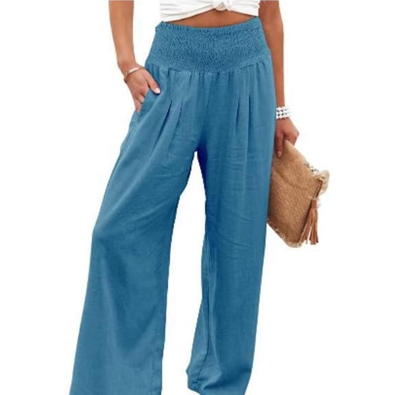 2023 Casual Beach Wide Leg Pants Women Fashion Solid Elastic Cotton Linen Long Pants Chic Loose High Waist Ladies Trousers 22683