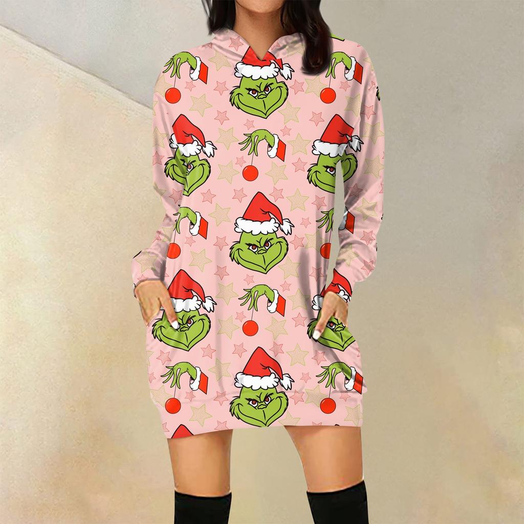 Женская свободная повседневная толстовка с капюшоном и карманом с длинными рукавами с рождественским принтом, длинный топ